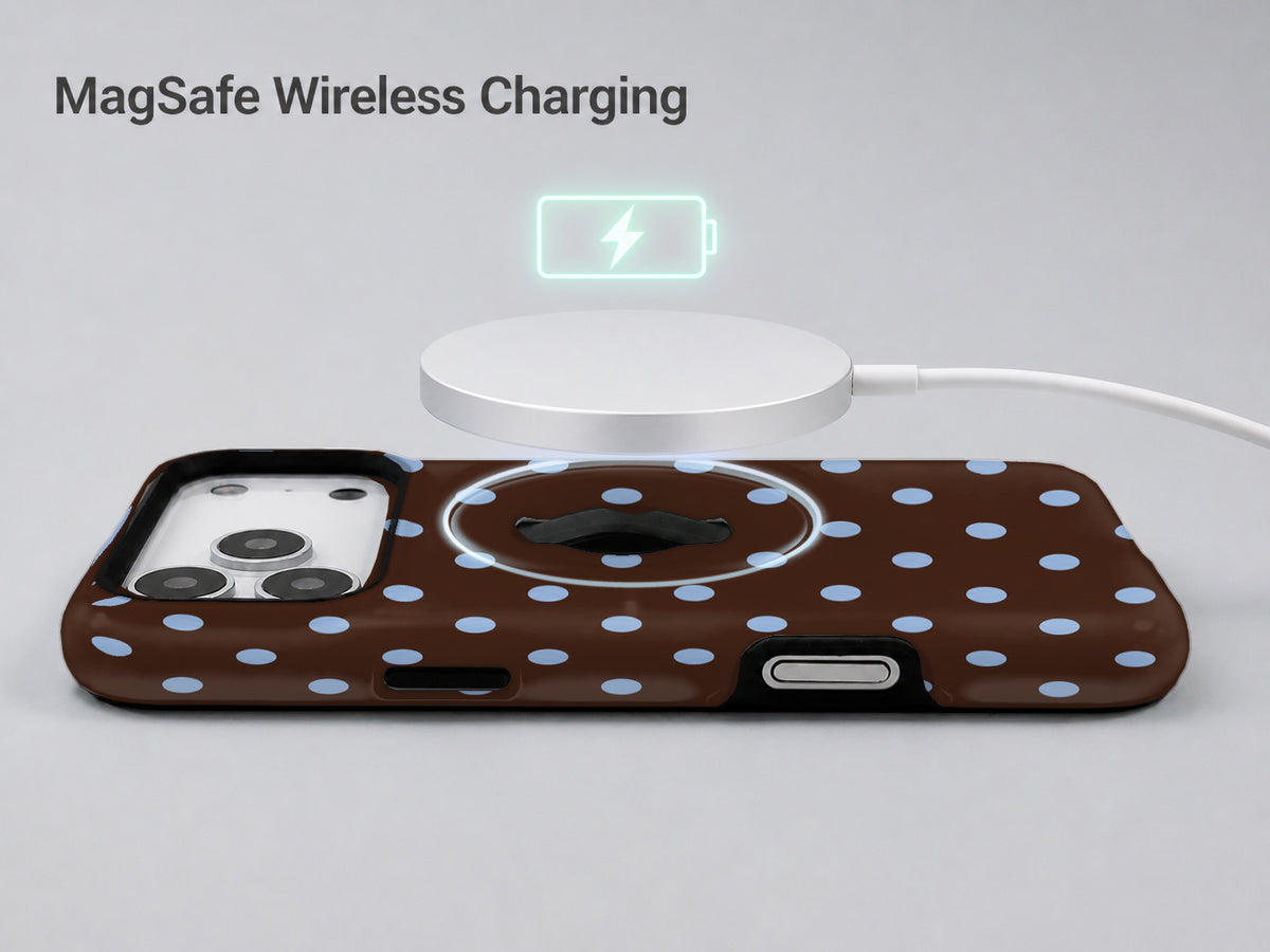 Chocolate Blue Polka Dots MagSafe Loop iPhone Case - kickstand view