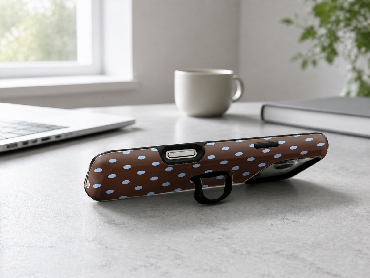 Chocolate Blue Polka Dots MagSafe Loop iPhone Case - side view