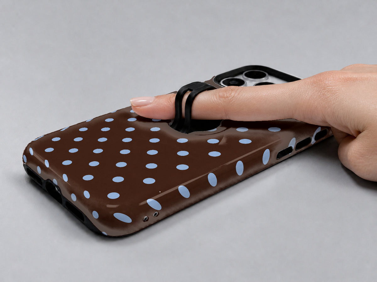 Chocolate Blue Polka Dots MagSafe Loop iPhone Case - grip detail