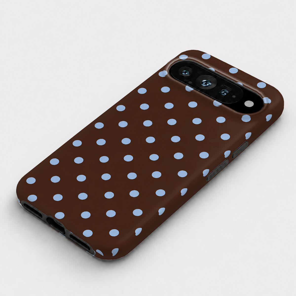 Chocolate Blue Polka Dots Google Pixel Case - flat angle