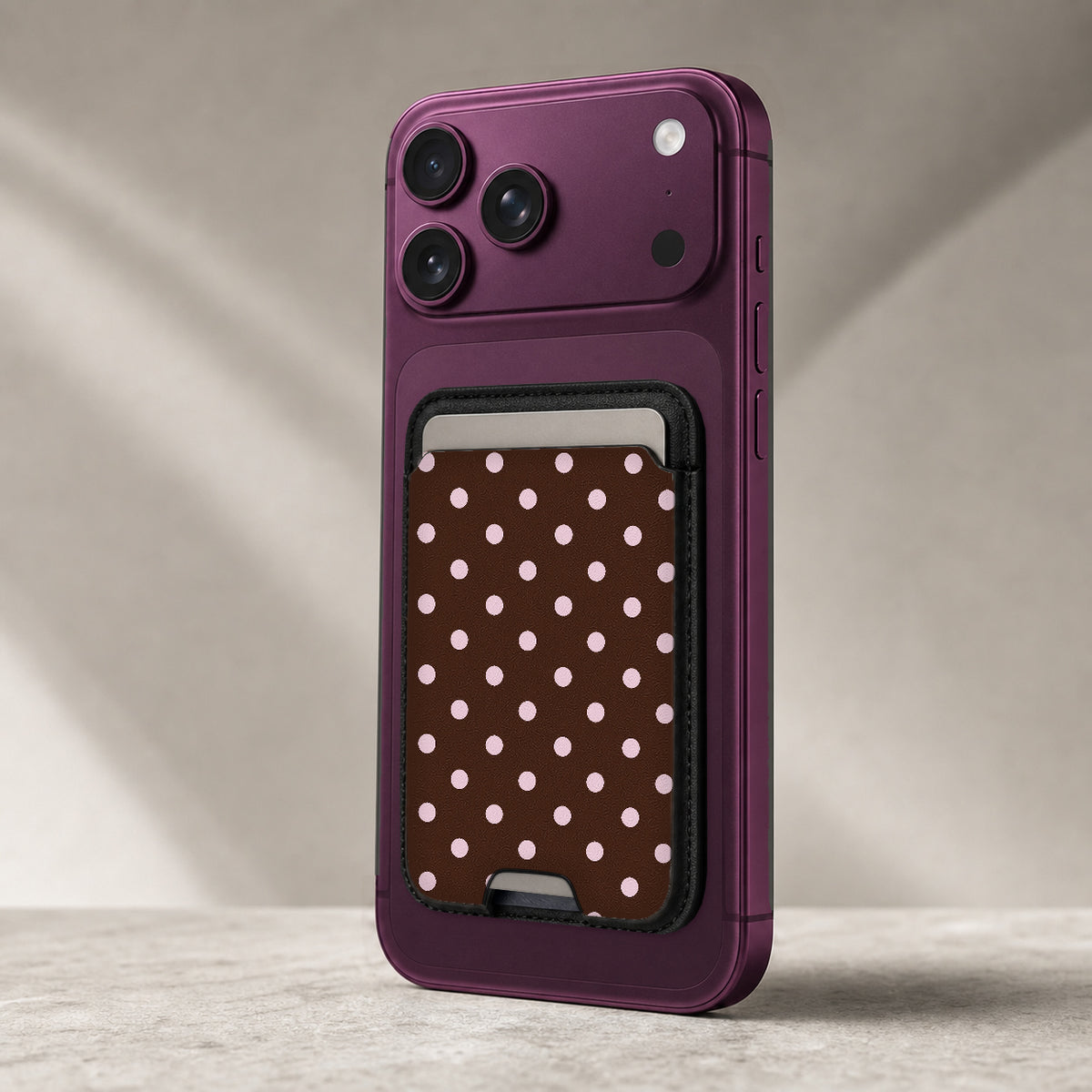 Chocolate Pink Polka Dots MagSafe Card Holder - rear view