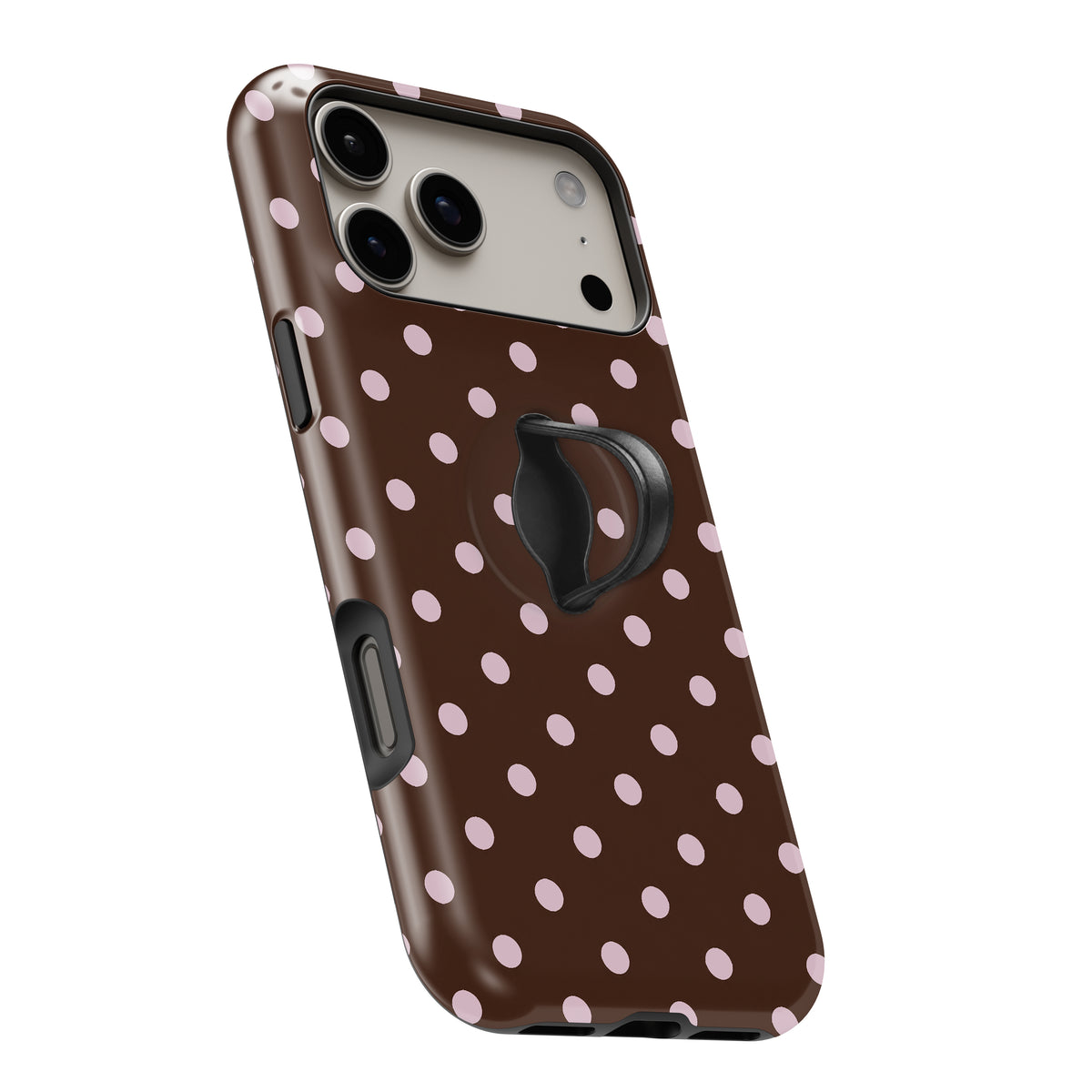 Chocolate Pink Polka Dots MagSafe Loop iPhone Case - angled view