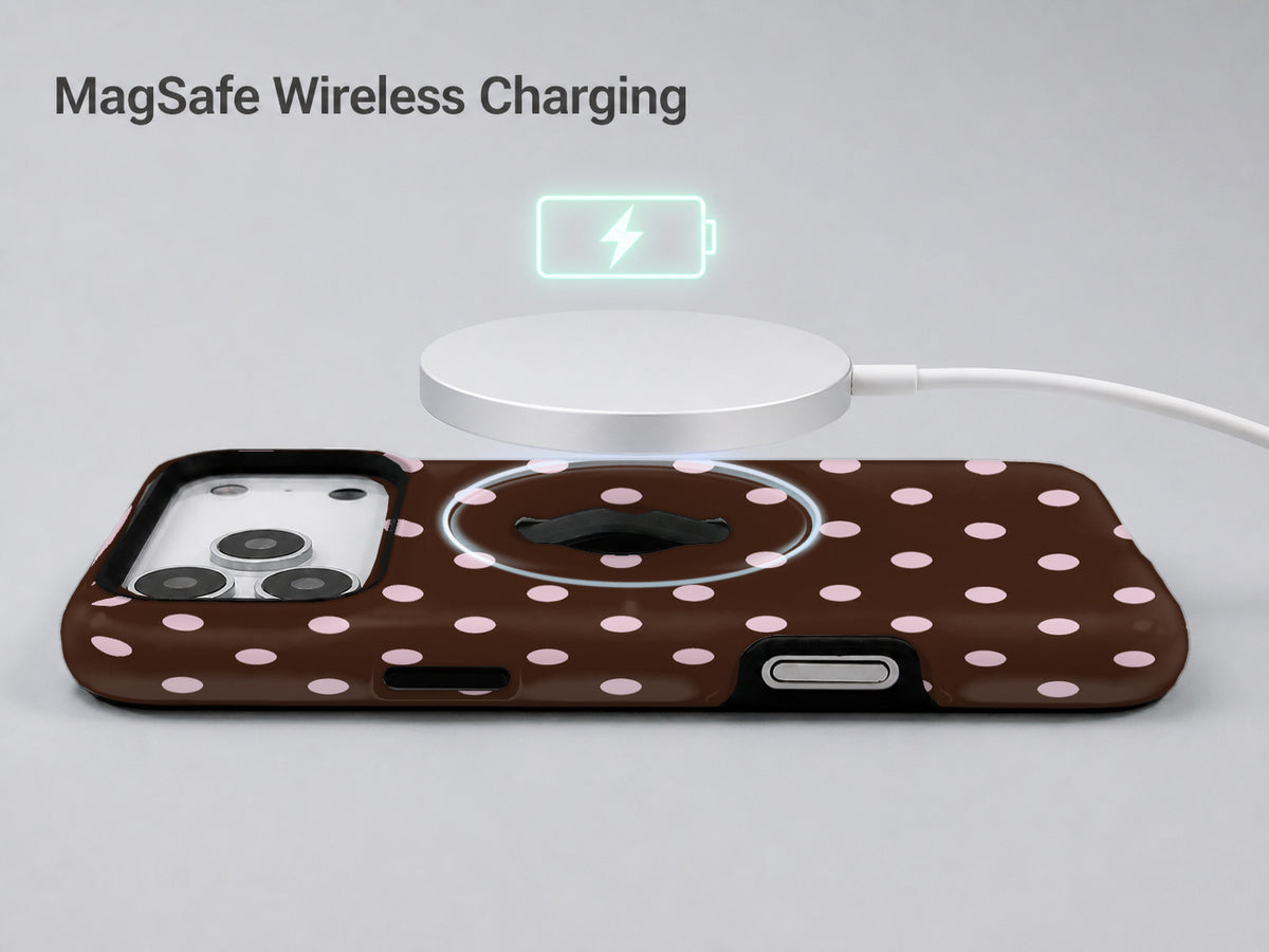 Chocolate Pink Polka Dots MagSafe Loop iPhone Case - kickstand view