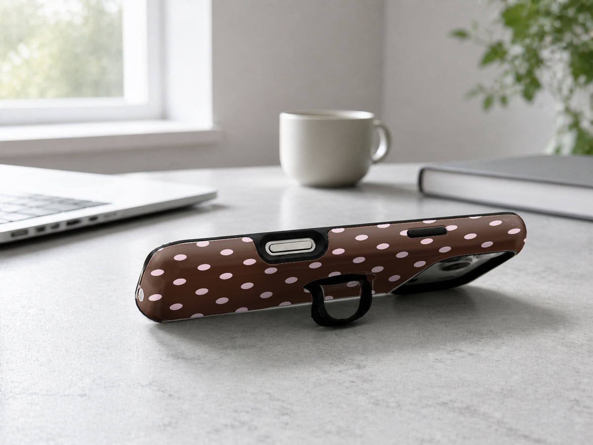 Chocolate Pink Polka Dots MagSafe Loop iPhone Case - side view