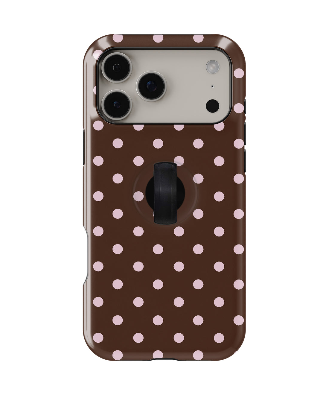 Chocolate Pink Polka Dots MagSafe Loop iPhone Case - back view