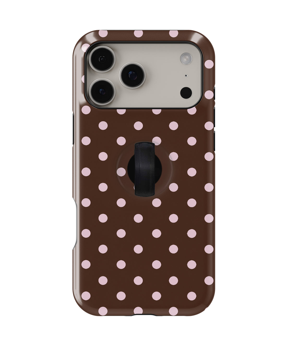 Chocolate Pink Polka Dots MagSafe Loop iPhone Case - back view