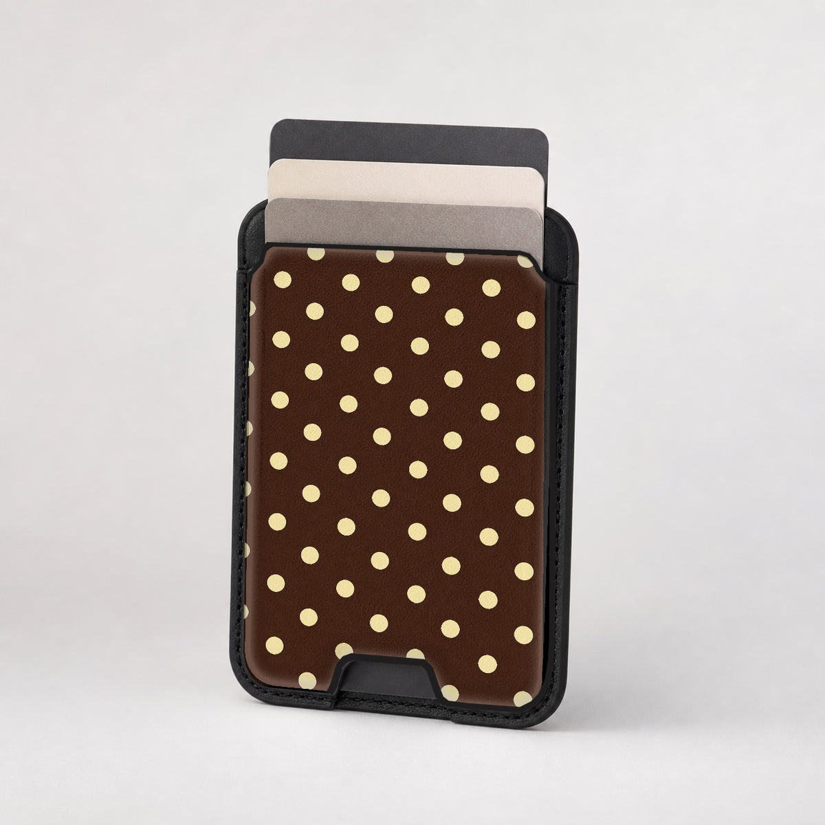 Chocolate Yellow Polka Dots MagSafe Card Holder - card storage view
