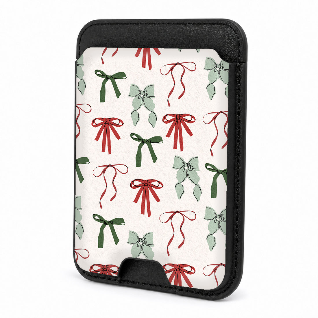 Front view of the Christmas Bow and Mistletoe MagSafe card holder on a white background