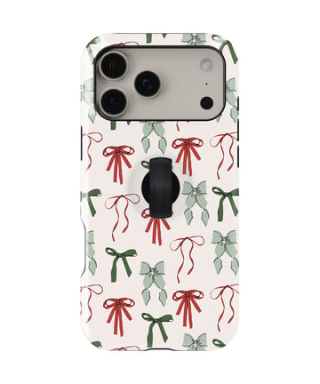 Christmas Bow and Mistletoe MagSafe Loop iPhone Case with built-in finger loop closed