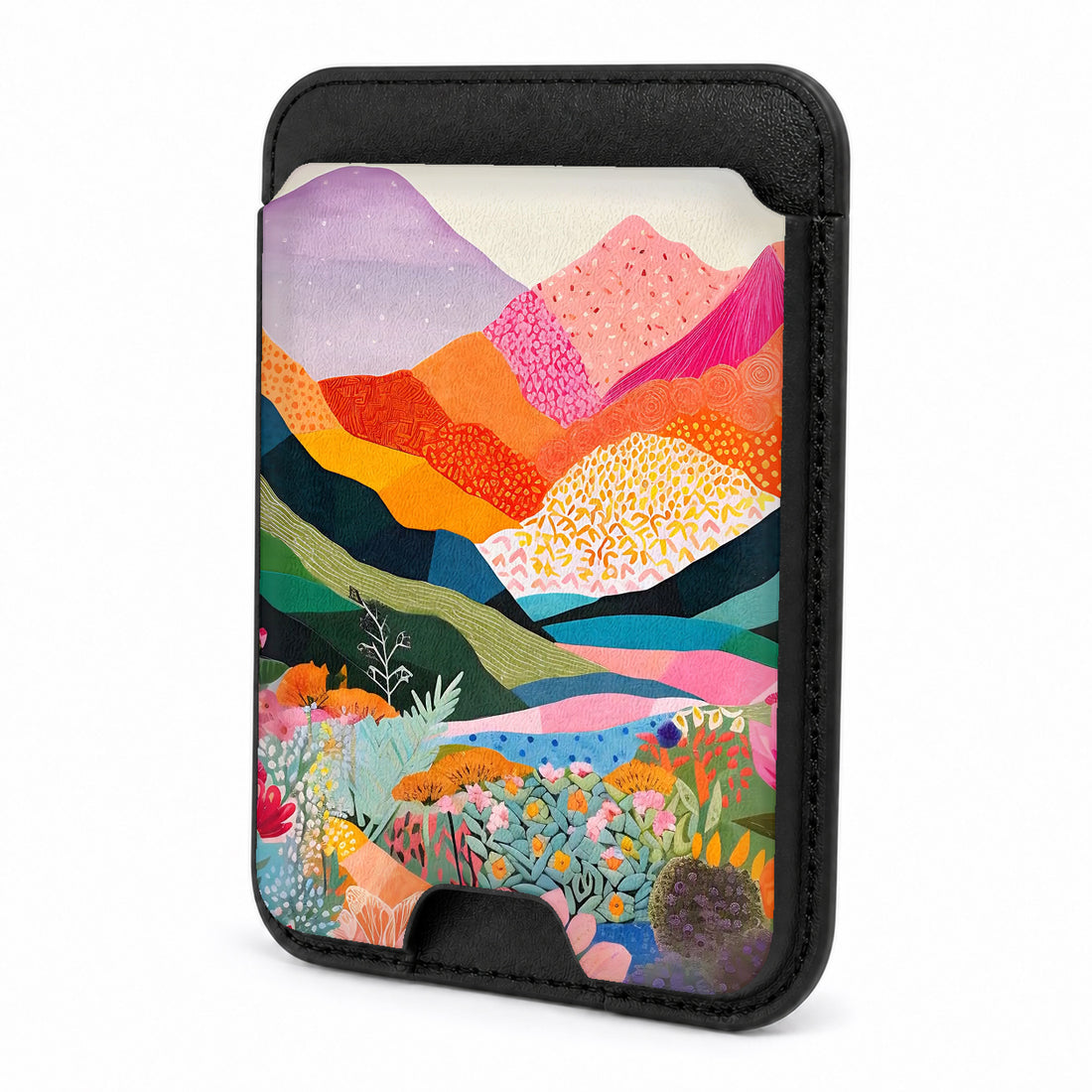 Front view of the Colorful Abstract Landscape Floral MagSafe card holder on a white background
