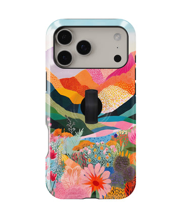 Colorful Abstract Landscape Floral MagSafe Loop iPhone Case with built-in finger loop closed