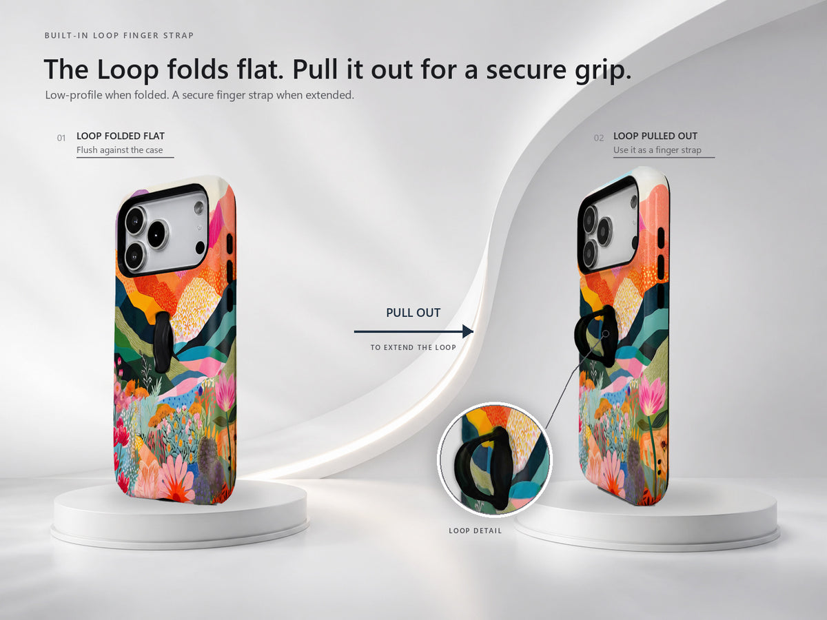 Colorful Abstract Landscape Floral MagSafe Loop iPhone Case side view showing the built-in finger loop
