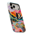 Colorful Abstract Landscape Floral MagSafe Loop iPhone case with built-in finger loop open