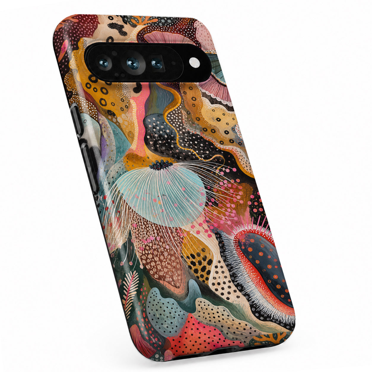 Colorful Abstract Organic Collage Google Pixel case with decorative patterned artwork