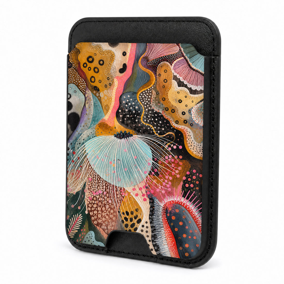 Front view of the Colorful Abstract Organic Collage MagSafe card holder on a white background