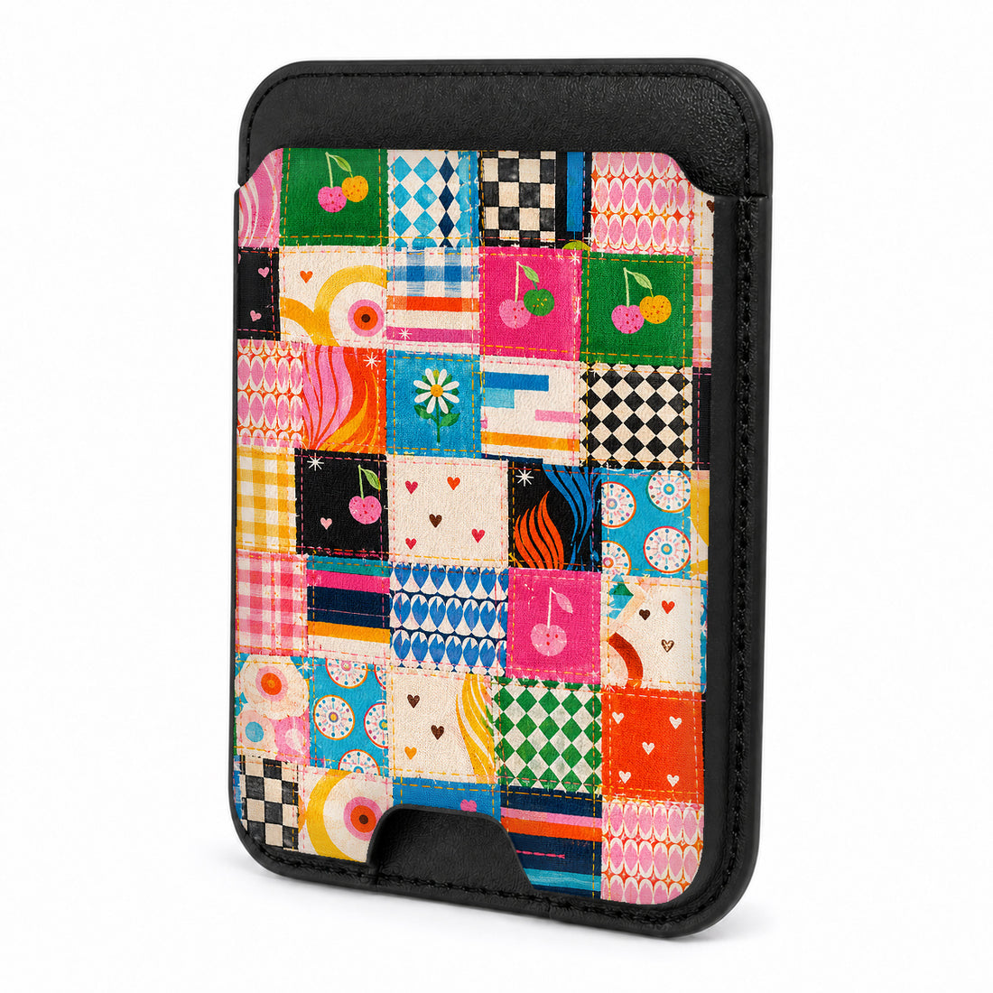 Front view of the Colorful Folk Quilt Patchwork MagSafe card holder on a white background