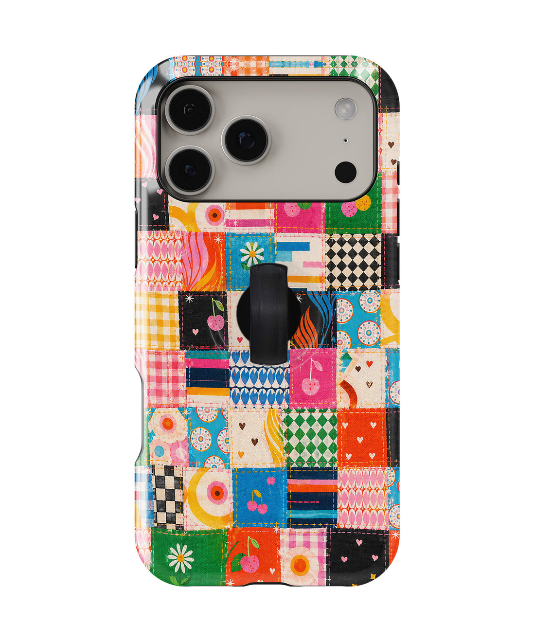 Colorful Folk Quilt Patchwork MagSafe Loop iPhone Case with built-in finger loop closed