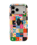 Colorful Folk Quilt Patchwork MagSafe Loop iPhone Case with built-in finger loop closed