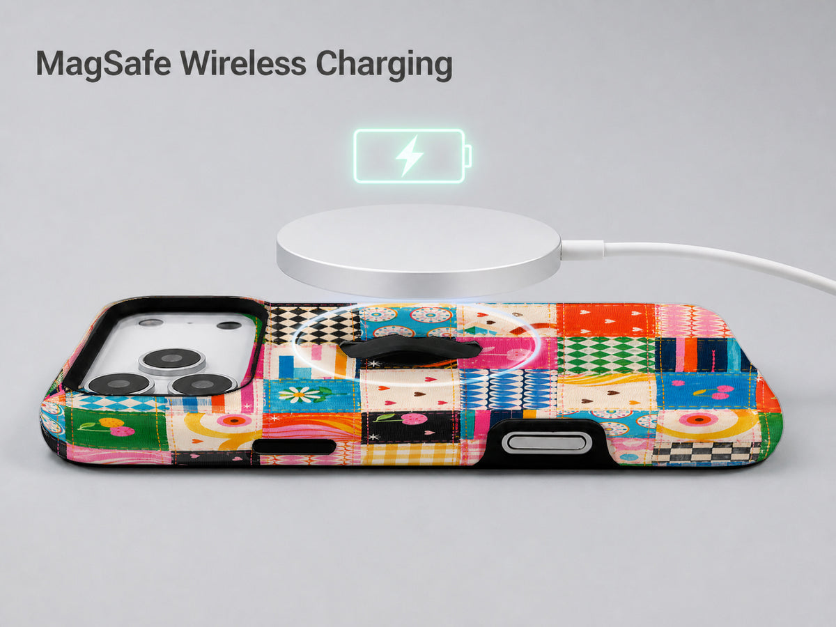 Colorful Folk Quilt Patchwork MagSafe Loop iPhone Case shown with a MagSafe-compatible wireless charger attached