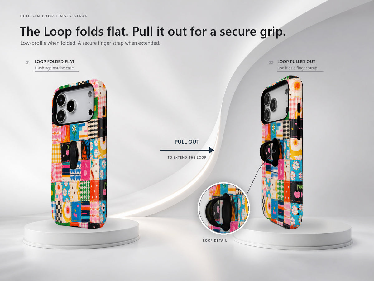 Colorful Folk Quilt Patchwork MagSafe Loop iPhone Case side view showing the built-in finger loop