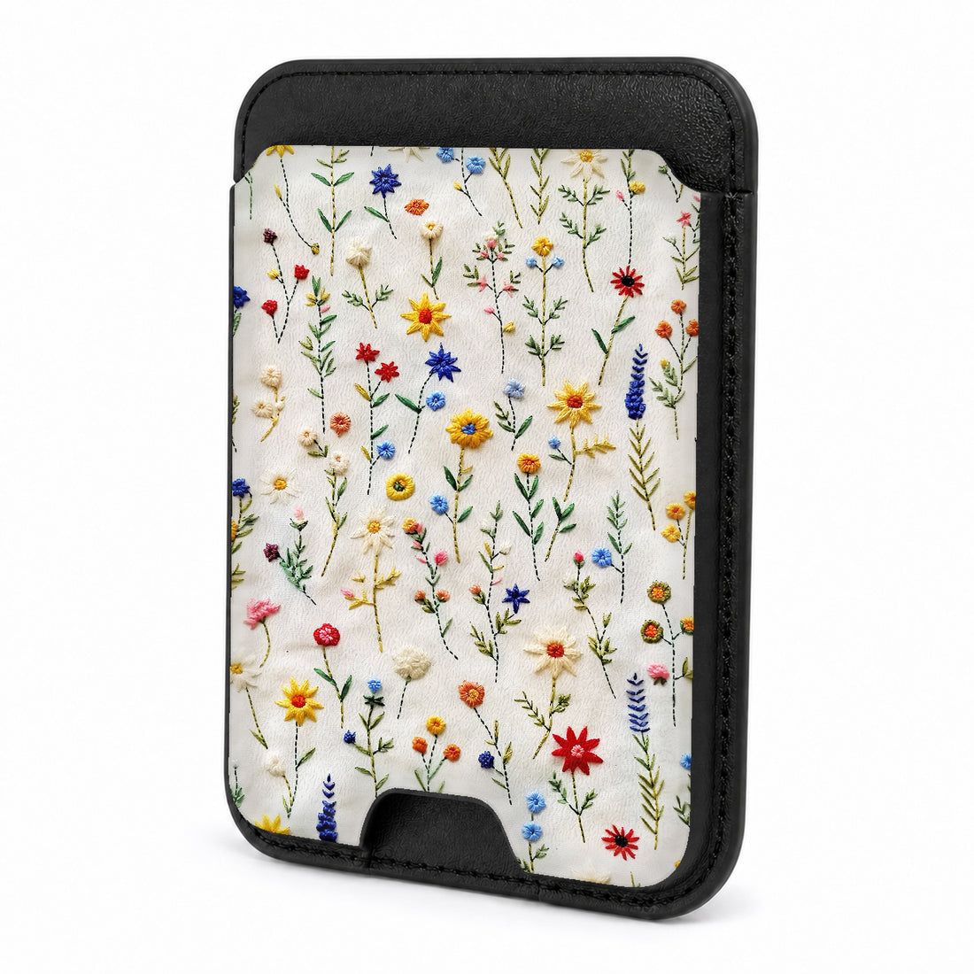Front view of the Colorful Pressed Wildflower MagSafe card holder on a white background