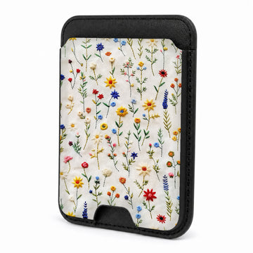 Front view of the Colorful Pressed Wildflower MagSafe card holder on a white background