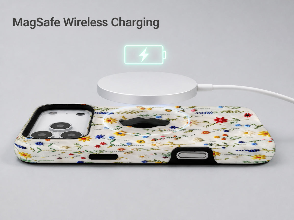 Colorful Pressed Wildflower MagSafe Loop iPhone Case shown with a MagSafe-compatible wireless charger attached