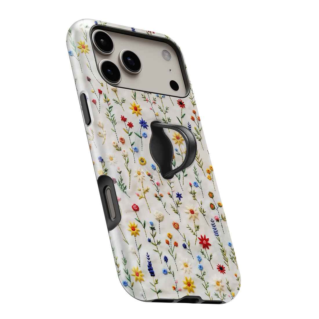 Colorful Pressed Wildflower MagSafe Loop iPhone case with built-in finger loop open