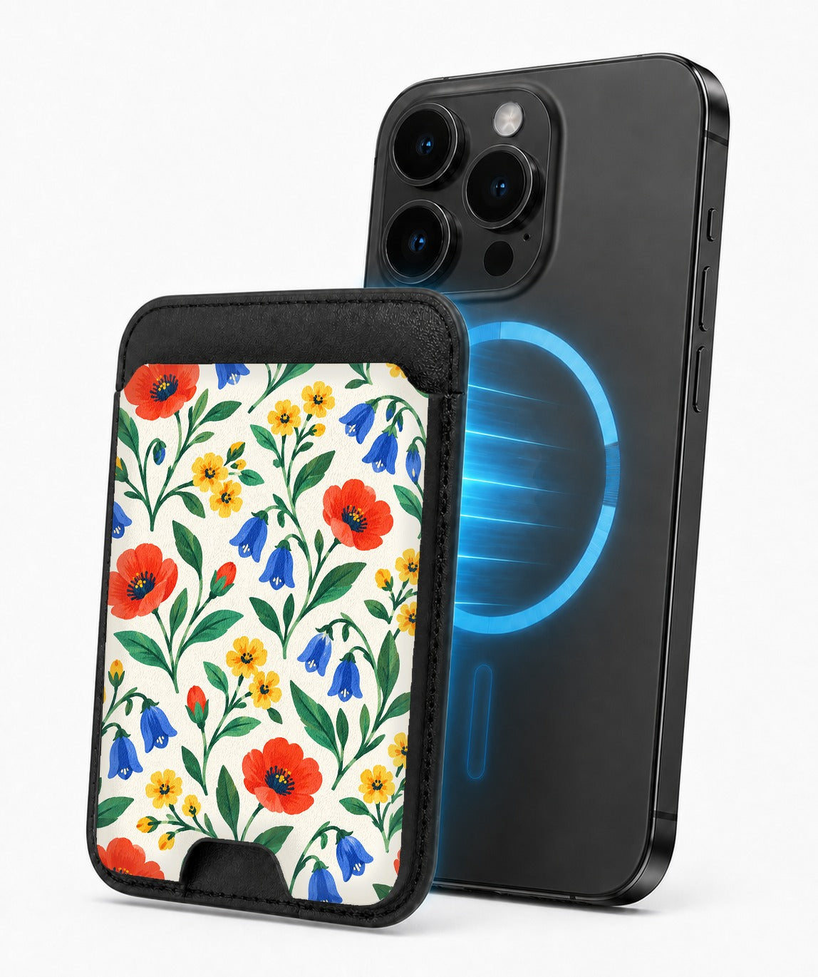 Colorful Wildflower Garden MagSafe Card Holder, magnetic attachment to a compatible iPhone