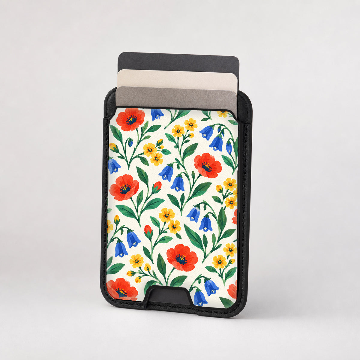 Colorful Wildflower Garden MagSafe Card Holder, card storage shown with cards