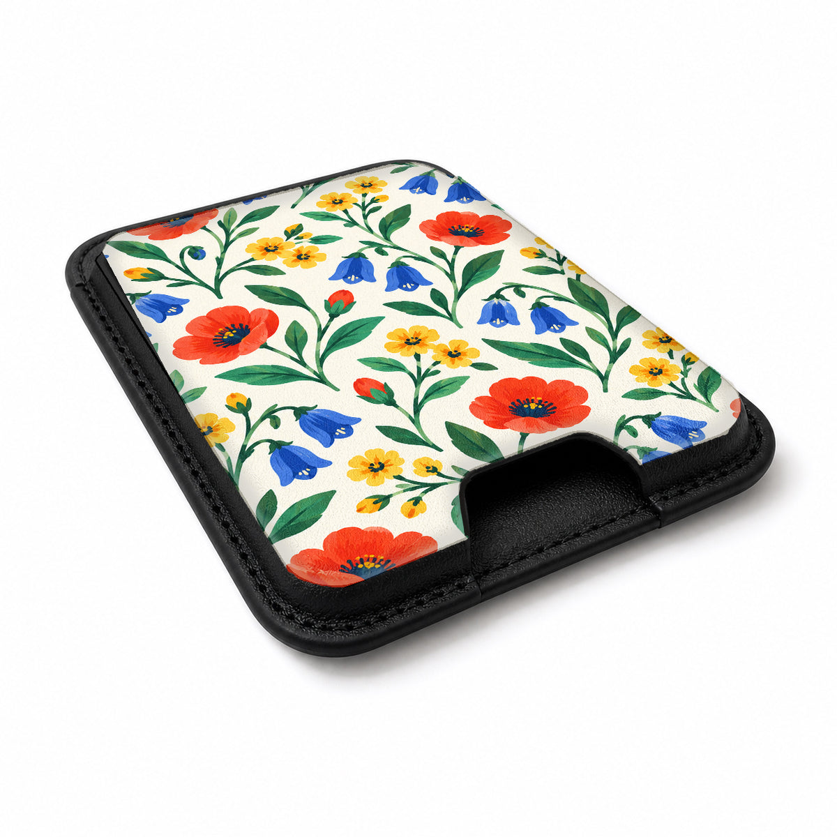 Colorful Wildflower Garden MagSafe Card Holder, angled view showing the thumb access opening