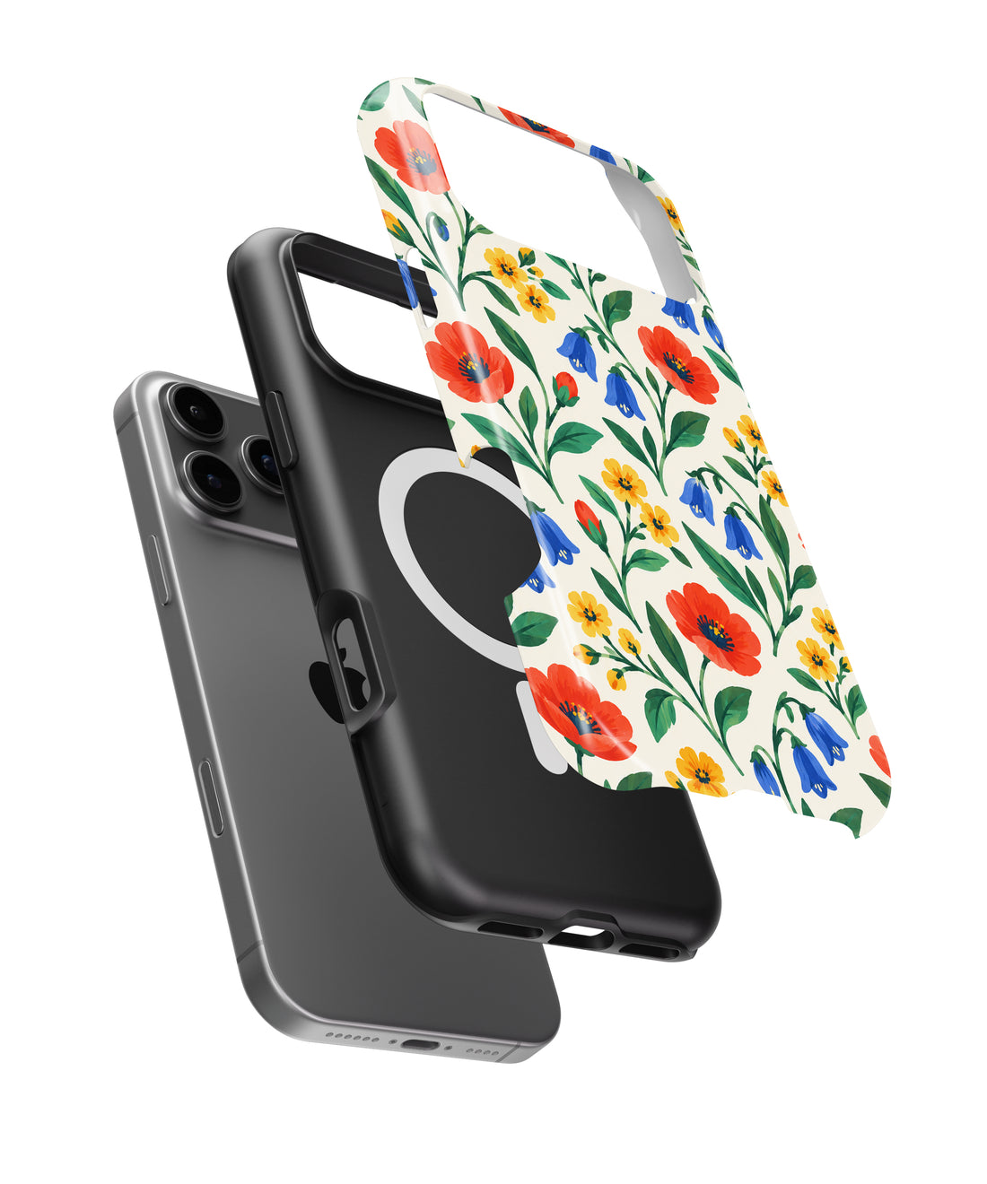 Colorful Wildflower Garden MagSafe iPhone Tough Case, exploded view showing outer shell, inner layer and magnetic ring