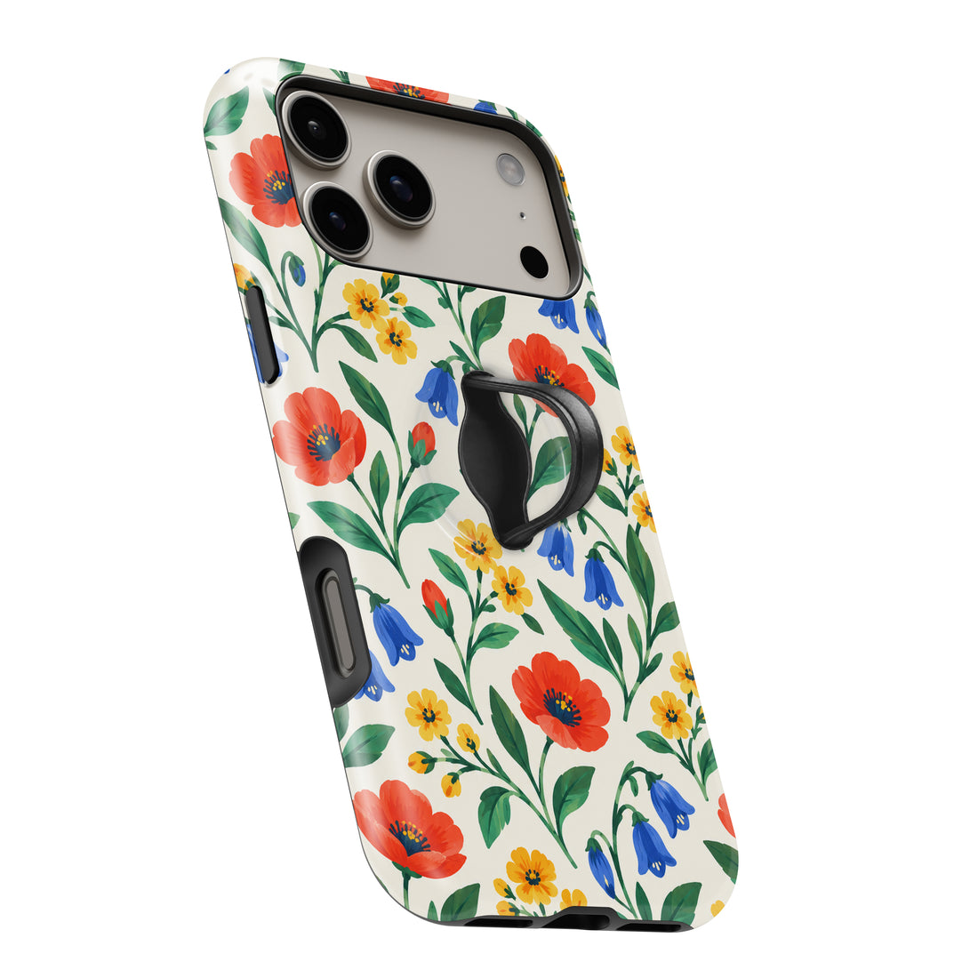 Colorful Wildflower Garden MagSafe Loop Case, angled view with finger loop extended