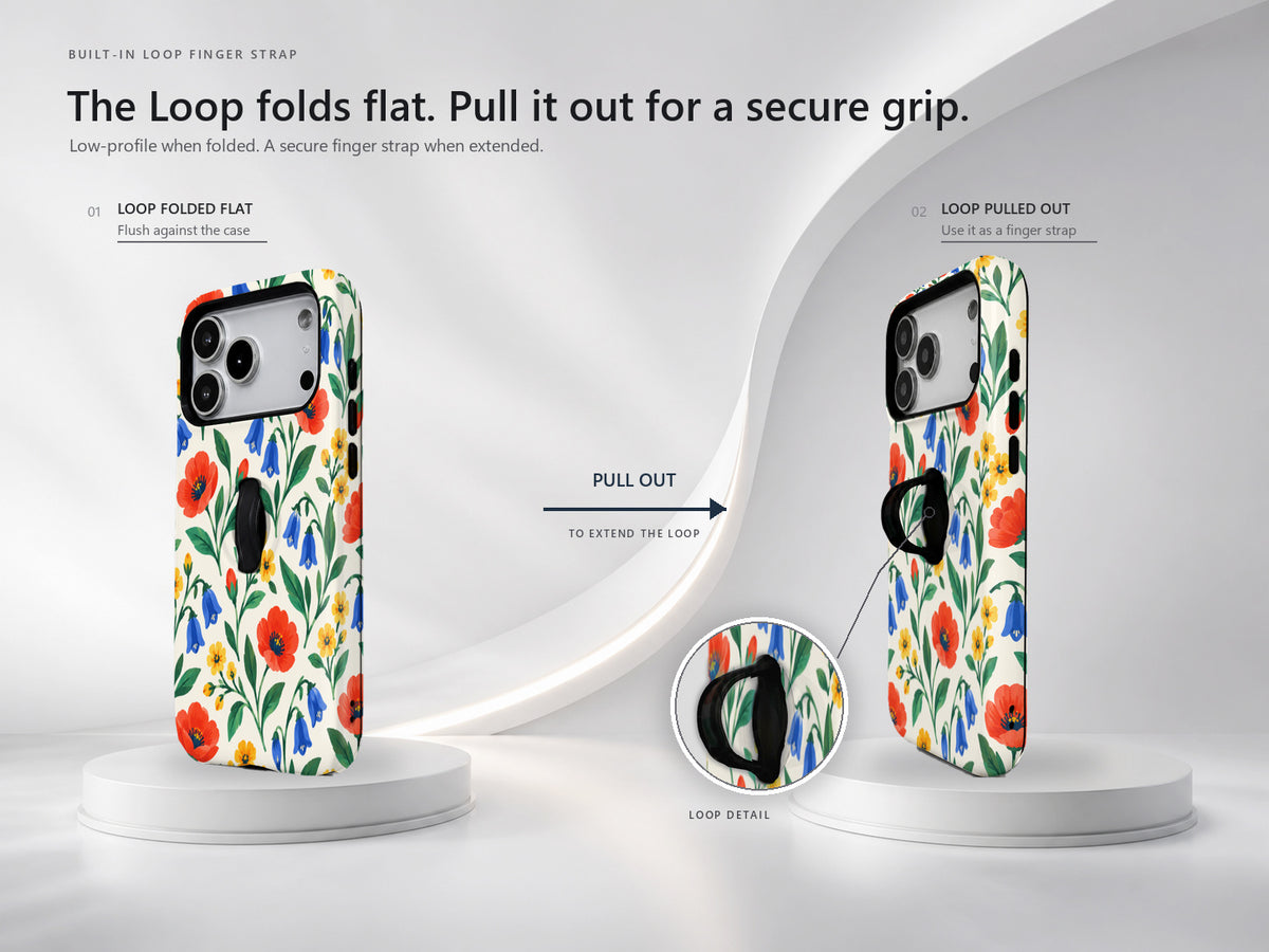 Colorful Wildflower Garden MagSafe Loop Case, finger loop folded and extended positions