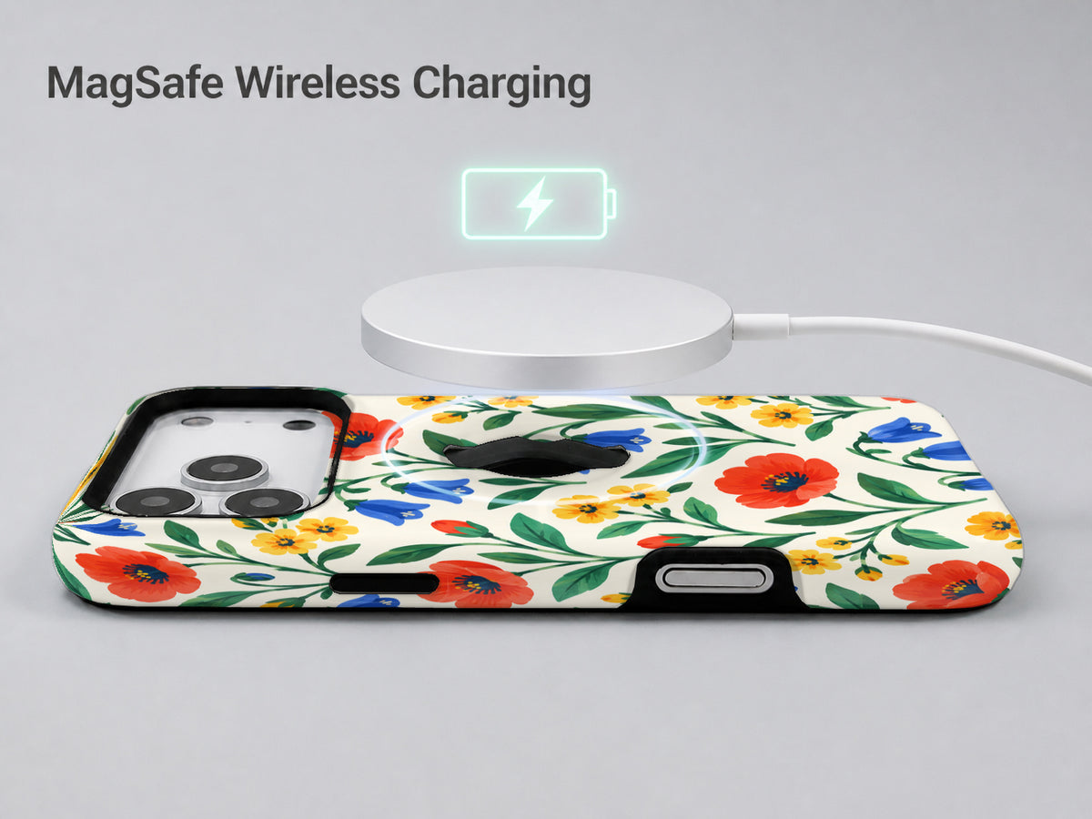 Colorful Wildflower Garden MagSafe Loop Case, shown with a MagSafe wireless charger
