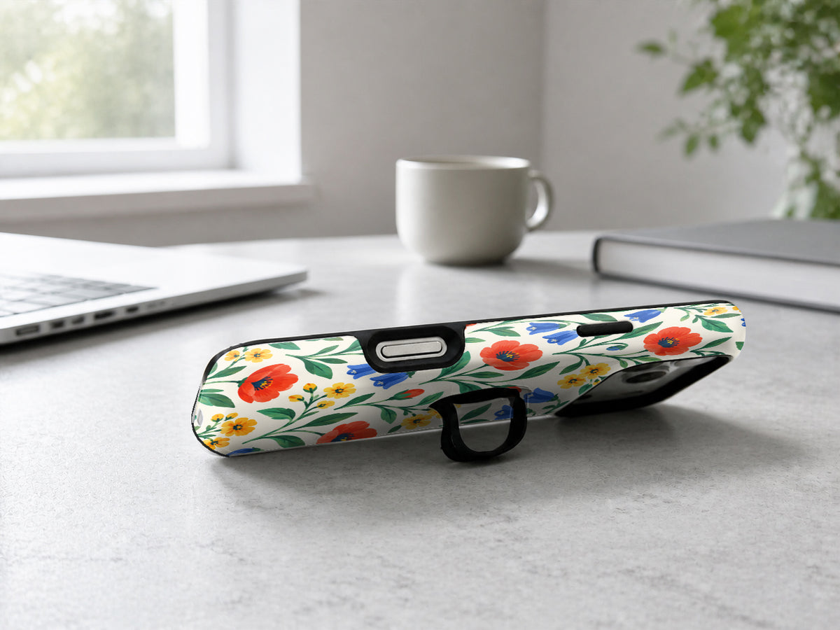 Colorful Wildflower Garden MagSafe Loop Case, shown as a hands-free kickstand