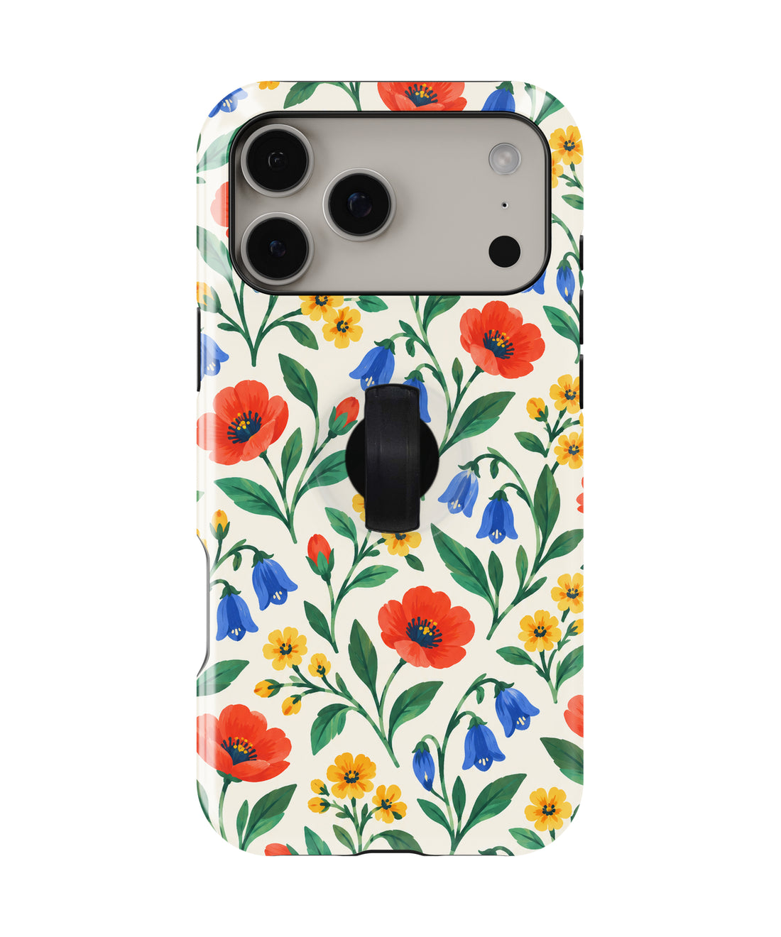 Colorful Wildflower Garden MagSafe Loop Case, rear view with finger loop folded flat