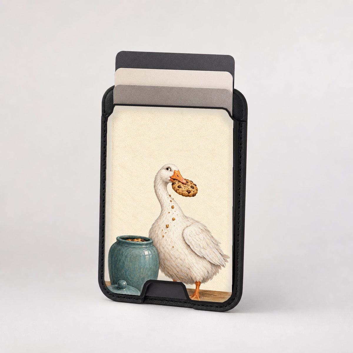 Cookie Time Goose MagSafe Card Holder, card storage shown with cards