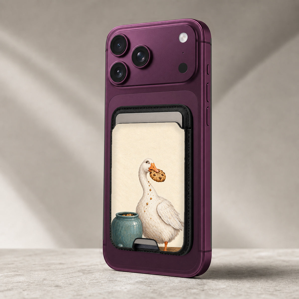 Cookie Time Goose MagSafe Card Holder, attached to a compatible phone