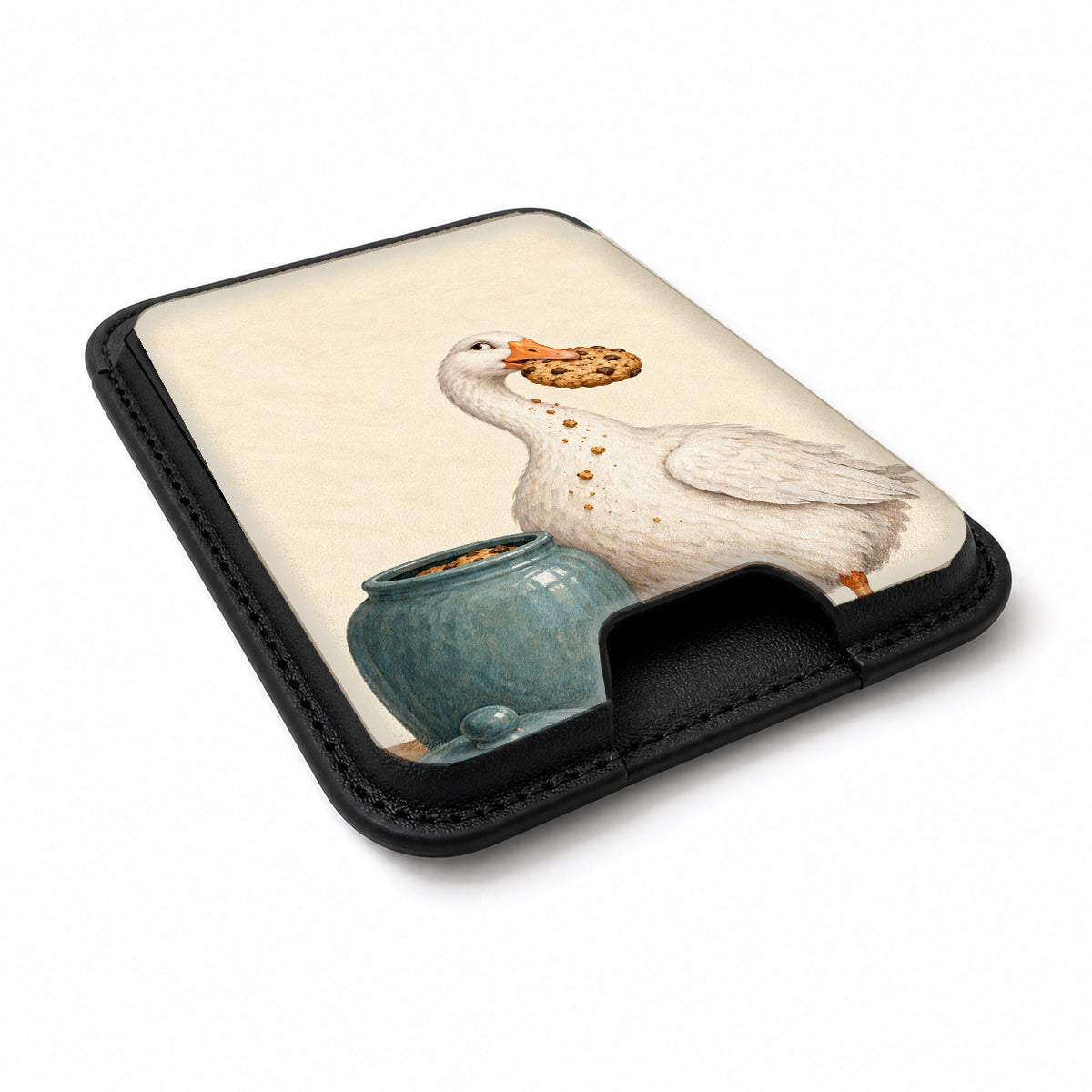 Cookie Time Goose MagSafe Card Holder, angled view showing the thumb access opening