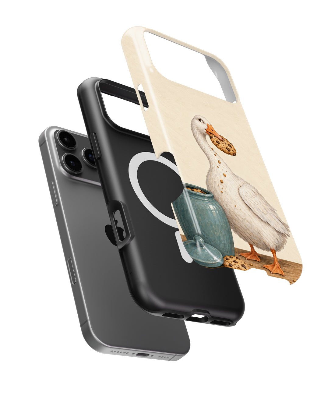 Cookie Time Goose MagSafe iPhone Tough Case, exploded view showing outer shell, inner layer and magnetic ring