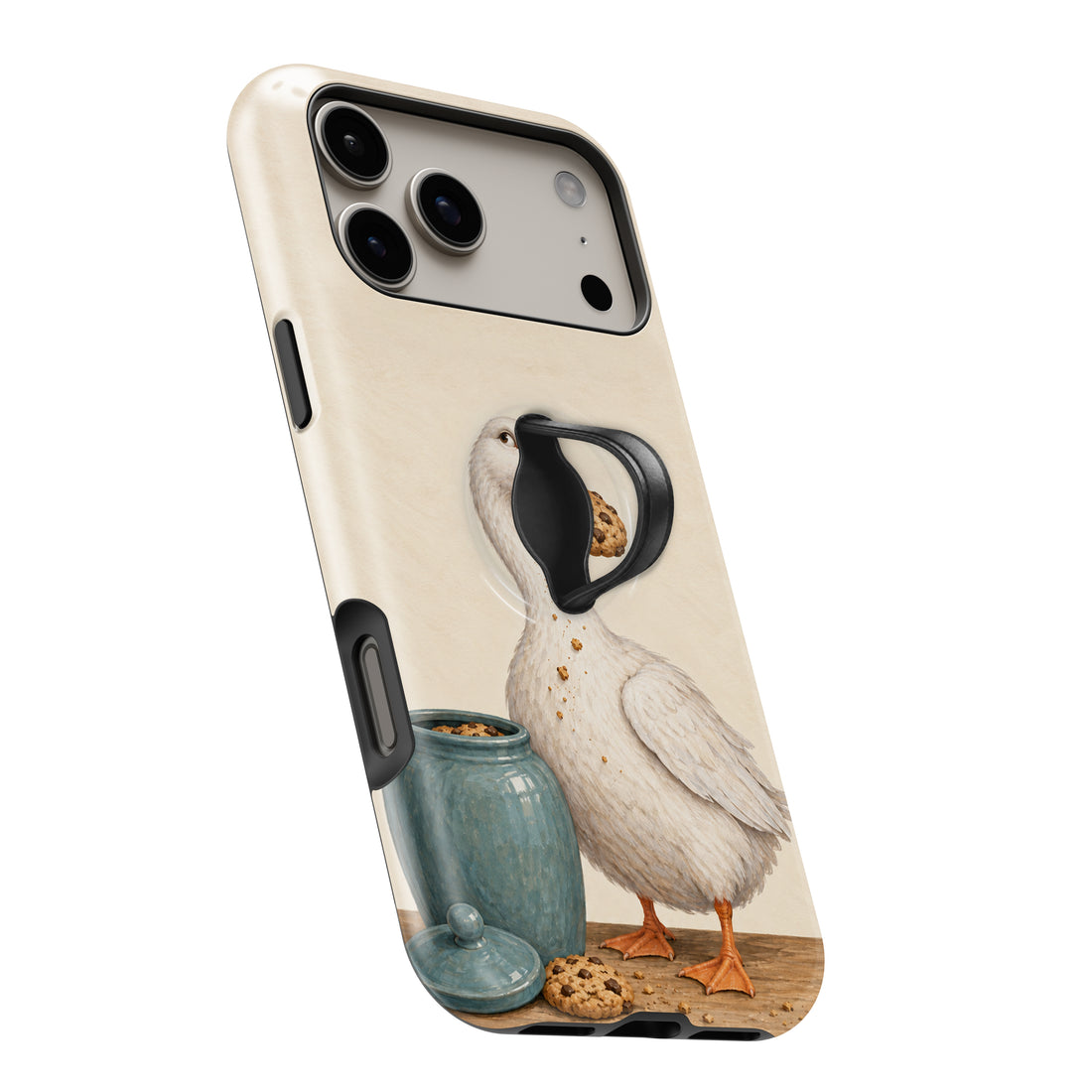 Cookie Time Goose MagSafe Loop Case, angled view with finger loop extended