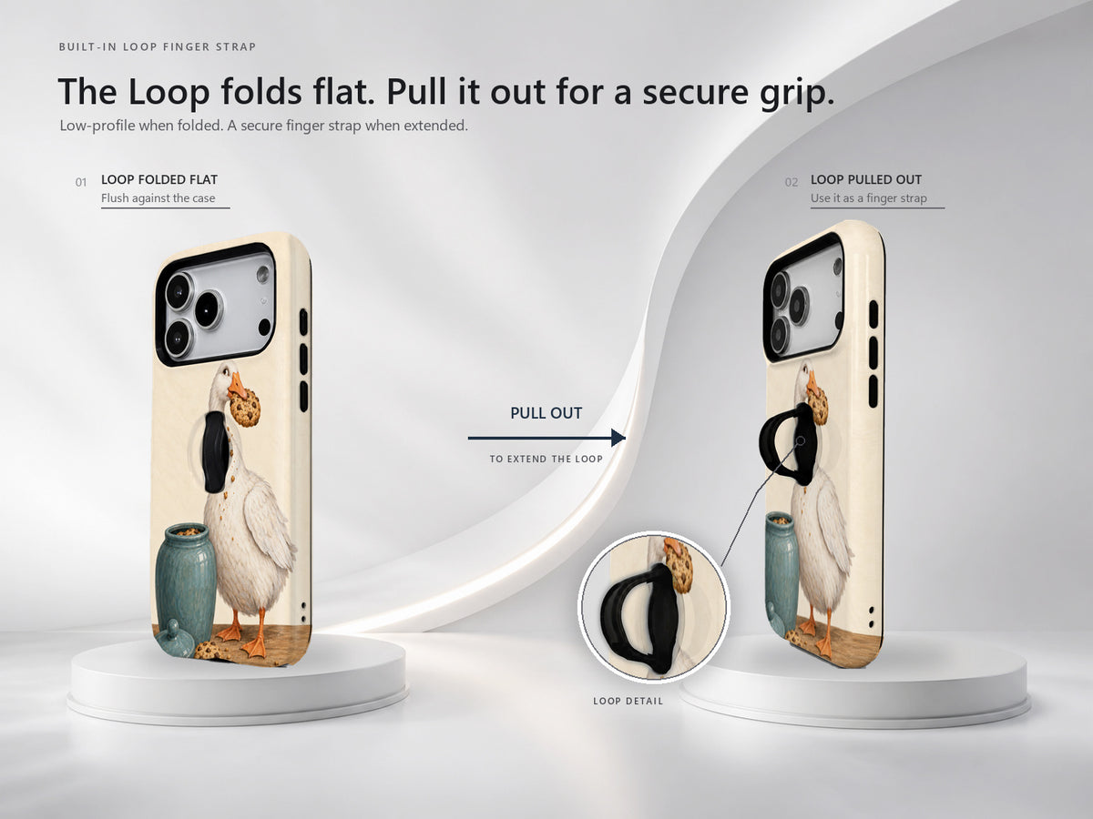 Cookie Time Goose MagSafe Loop Case, finger loop folded and extended positions