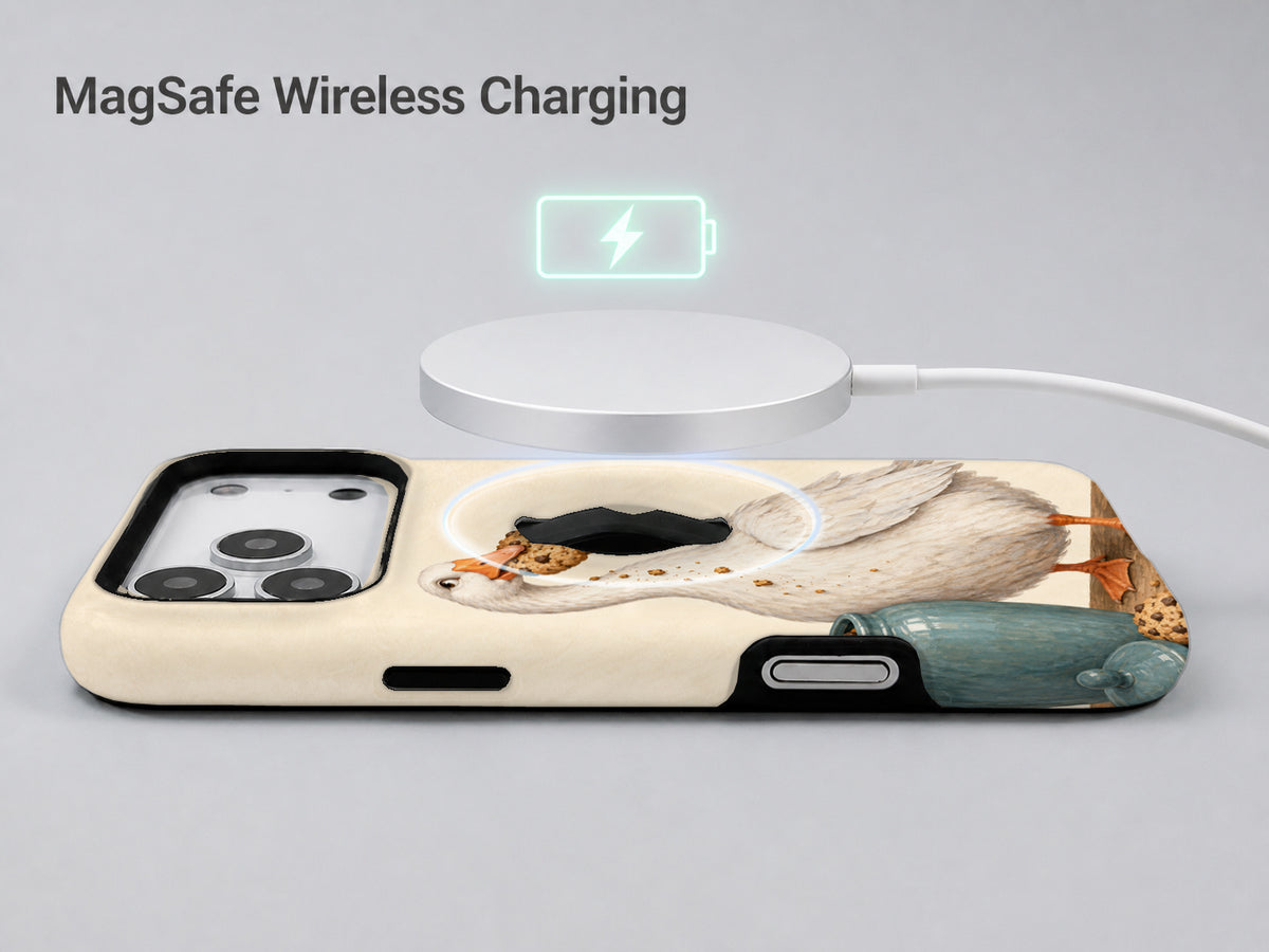 Cookie Time Goose MagSafe Loop Case, shown with a MagSafe wireless charger