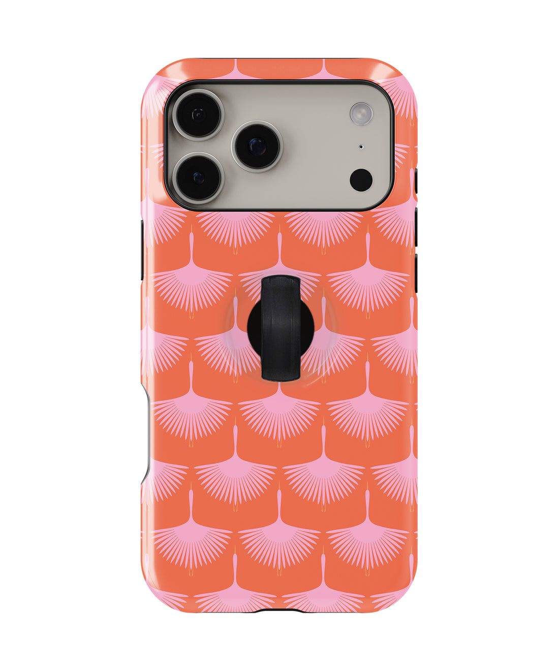 Coral Pink Scallop MagSafe Loop iPhone Case with built-in finger loop closed