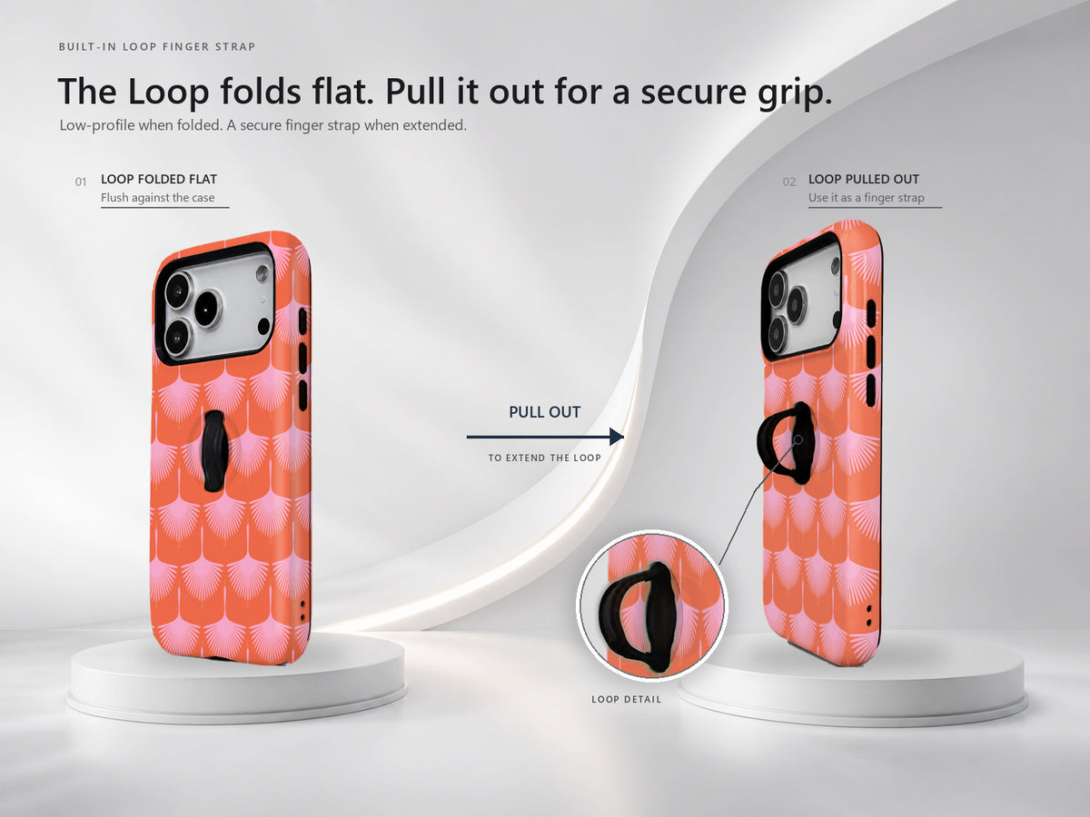 Coral Pink Scallop MagSafe Loop iPhone Case side view showing the built-in finger loop