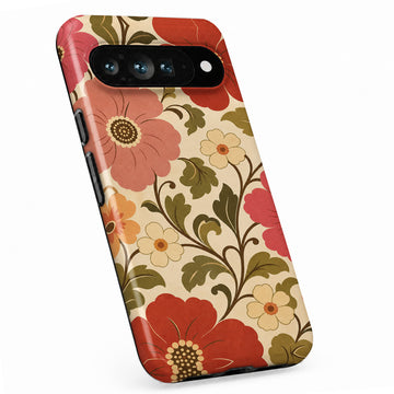 Coral Retro Folk Floral Google Pixel case with botanical flowers and leaves