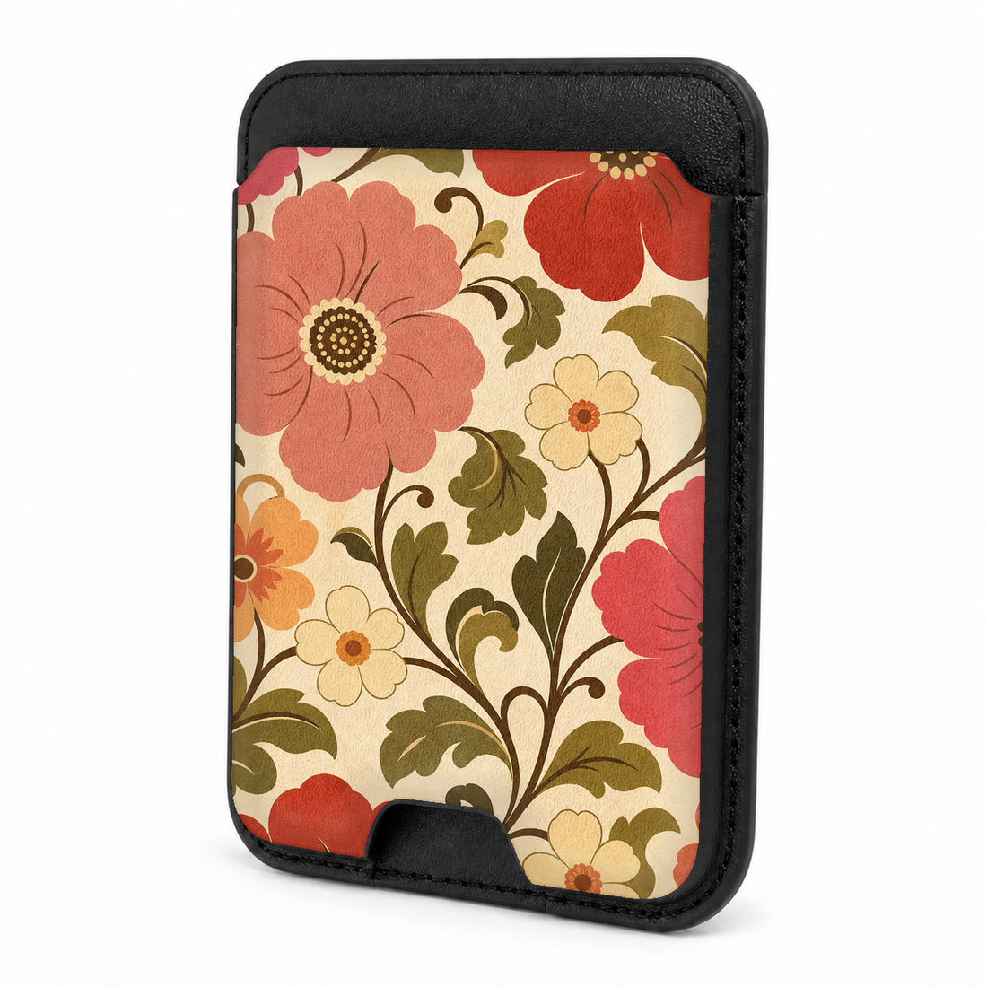 Front view of the Coral Retro Folk Floral MagSafe card holder on a white background