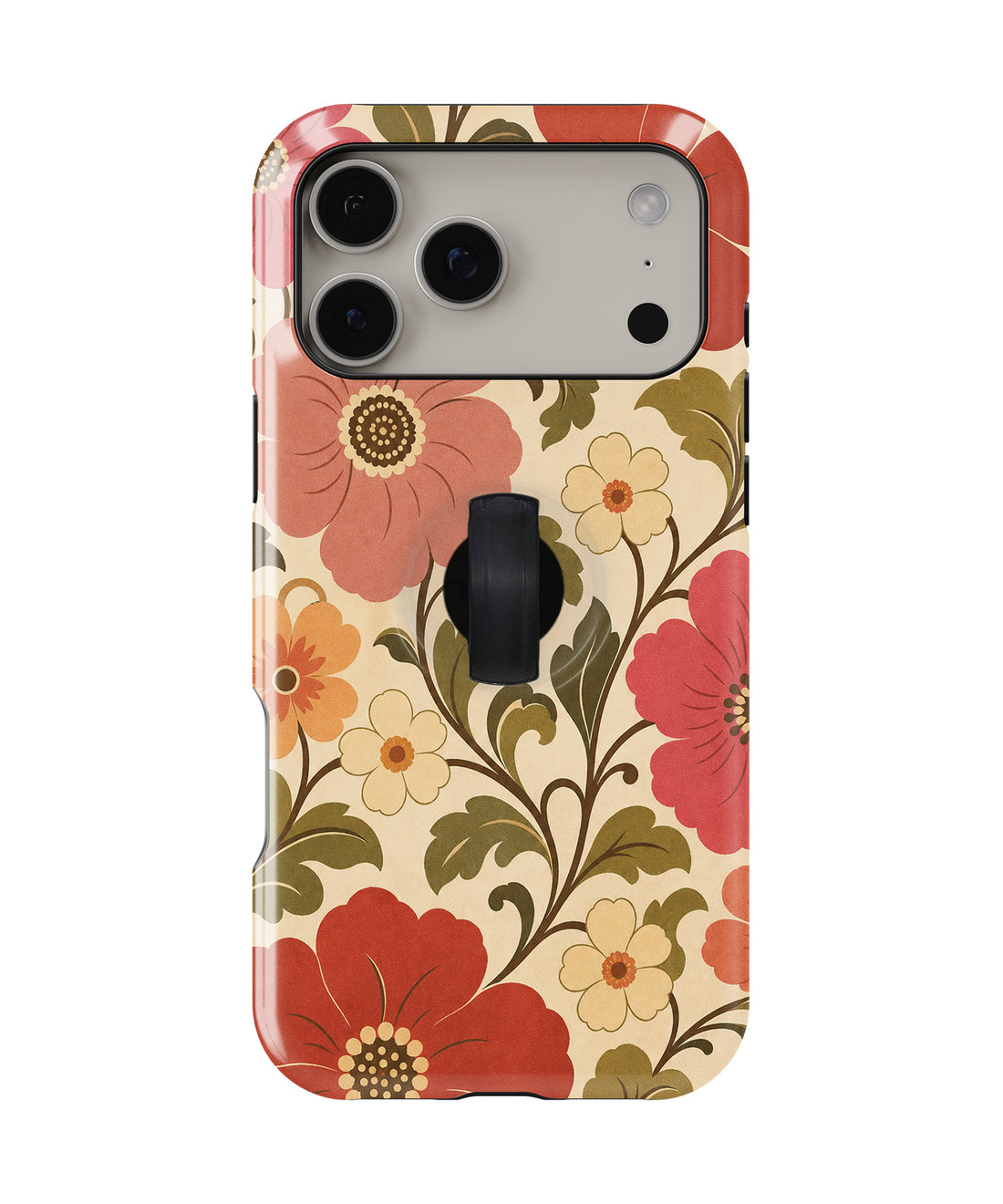 Coral Retro Folk Floral MagSafe Loop iPhone Case with built-in finger loop closed