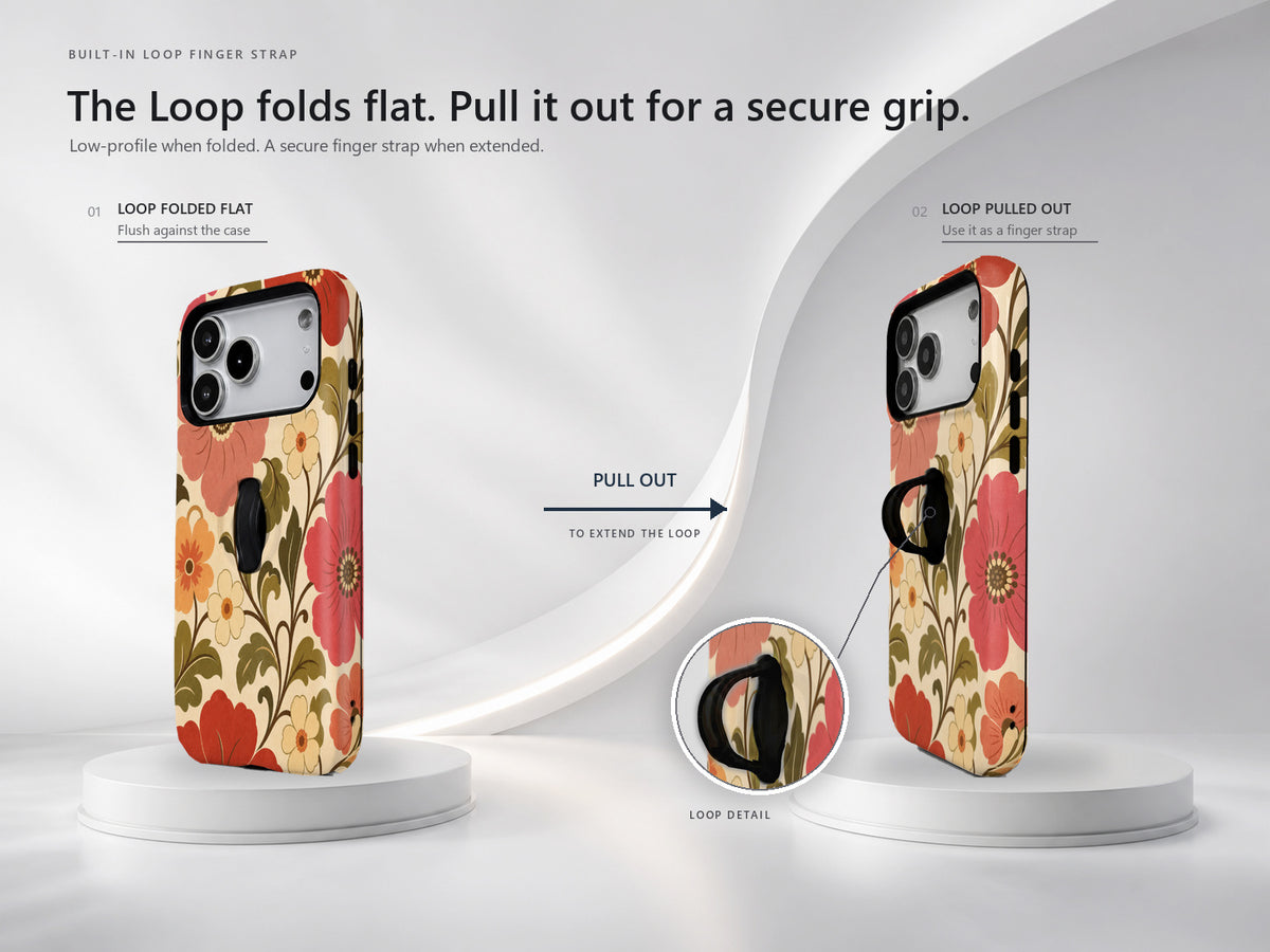 Coral Retro Folk Floral MagSafe Loop iPhone Case side view showing the built-in finger loop